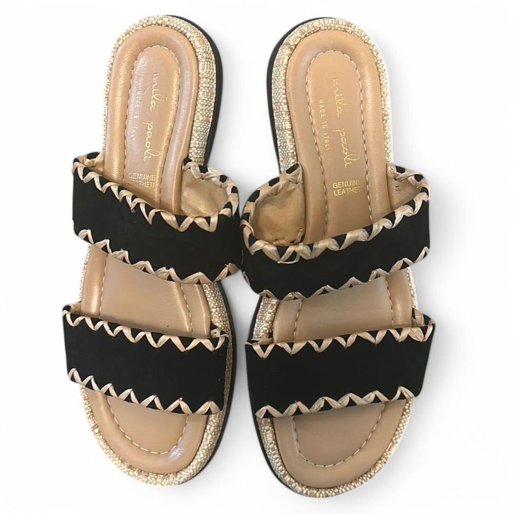 Mila Paoli Genuine Leather Sandals Double Strap Whipstitch‎ Trim Slides Size 9